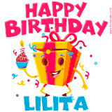 A vibrant and funny gift box character with a happy face dancing with a cupcake and the text 'Happy Birthday Lilita,' surrounded by animated confetti and party vibes.
