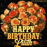 Animated bouquet of orange roses with moving butterfles and golden 'Happy Birthday Lilith' text, surrounded by sparkling accents and a dark backdrop for a luxurious feel.