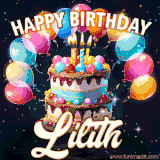 Bright birthday animation for Lilith with a chocolate cake, candles, balloons, and glowing celebratory lights.