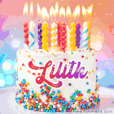 A cheerful white birthday cake with multicolor sprinkles, lit candles, and 'Lilith' written in vibrant letters, in an animated GIF.