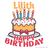 Cartoon birthday cake with a red bow, glowing candles, and 'Lilith Happy Birthday' text in bold animated style.