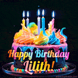 A mesmerizing animated cake with multicolor frosting and candles, and the words 'Happy Birthday Lilith' on the black background.