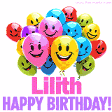 Animated colorful and joyful birthday balloons with cheerful smiles and a bright 'Happy Birthday Lilith!' message in pink and purple.