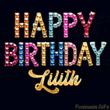 Vibrant luxury birthday greeting card for Lilith, showing glittering gemstone letters and golden calligraphy on a dark background with twinkling shine effects.