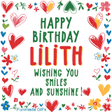 A colorful animated card for Lilith’s birthday featuring playful hearts, cheerful flowers, and a handwritten message wishing smiles and sunshine.