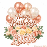 Stylish pink and gold Happy Birthday Lilith animation with floral decor