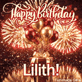 Spectacular golden fireworks filling a dark sky behind red and gold metallic balloons, personalized with Liliths name.