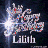 A detailed silver queen crown with colorful gemstone highlights resting on diamond-encrusted cursive letters.Lilith