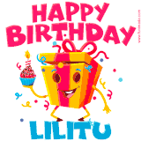 A vibrant and funny gift box character with a happy face dancing with a cupcake and the text 'Happy Birthday Lilitu,' surrounded by animated confetti and party vibes.