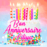A white birthday cake covered in colorful sprinkles, topped with bright candles, and French text 'Bon Anniversaire Liliya' on a pastel gradient background in an animated GIF.