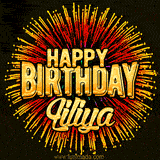 Golden 'Happy Birthday Liliya' text accompanied by animated rainbow fireworks for a festive animated greeting.