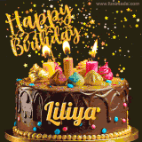 A delightful chocolate birthday cake with bright candles and 'Happy Birthday Liliya' written in gold amidst a shower of animated stars.