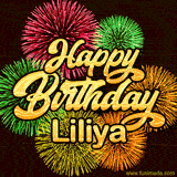 Golden text reading 'Happy Birthday Liliya' surrounded by vibrant fireworks in red, green, and yellow, set against a dark background in this celebratory birthday GIF.