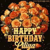 Animated bouquet of orange roses with moving butterfles and golden 'Happy Birthday Liliya' text, surrounded by sparkling accents and a dark backdrop for a luxurious feel.