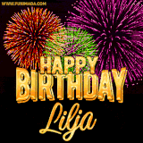 A golden 'Happy Birthday Lilja' message with vibrant fireworks in the background, creating a festive and celebratory vibe in this animated name GIF.