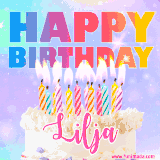 A vibrant animated name GIF with the words 'Happy Birthday Lilja' with colorful candles on a creamy cake. The background sparkles with pastel shades, adding a festive touch.