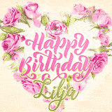 A stunning heart made of pink roses surrounds the elegant script text 'Happy Birthday Lilja' on a soft beige background. Animated sparkles add a magical and festive feel.