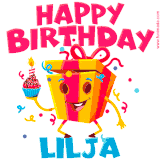 A vibrant and funny gift box character with a happy face dancing with a cupcake and the text 'Happy Birthday Lilja,' surrounded by animated confetti and party vibes.