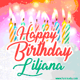 Bright birthday candles with rainbow flames on a cake, alongside the text 'Happy Birthday Liljana' in vibrant script in this celebratory animated GIF.