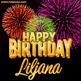 A golden 'Happy Birthday Liljana' message with vibrant fireworks in the background, creating a festive and celebratory vibe in this animated name GIF.