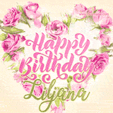 A stunning heart made of pink roses surrounds the elegant script text 'Happy Birthday Liljana' on a soft beige background. Animated sparkles add a magical and festive feel.