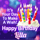 A colorful birthday GIF for Lilla featuring a cupcake with vibrant lit candles and the text 'It's Your Day to Make a Wish! Happy Birthday Lilla' in bold letters on a festive purple background.