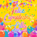 A bright and festive GIF with the text 'Feliz Cumpleaños Lilla' in Spanish in colorful fonts, surrounded by confetti, balloons, and festive banners on a vibrant yellow background.