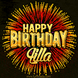 Golden 'Happy Birthday Lilla' text accompanied by animated rainbow fireworks for a festive animated greeting.