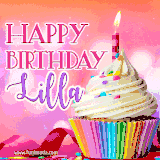 A vibrant birthday GIF featuring a rainbow-colored cupcake topped with white frosting, sprinkles, and a lit candle. The text reads 'Happy Birthday Lilla' in bold pink and violet letters with white outline.