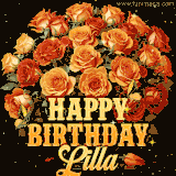 Animated bouquet of orange roses with moving butterfles and golden 'Happy Birthday Lilla' text, surrounded by sparkling accents and a dark backdrop for a luxurious feel.