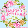 A charming animated GIF featuring 'Happy Birthday Lilla' in pink and green text, surrounded by delicate roses, leaves, and fluttering butterflies on a soft light blue pastel background.