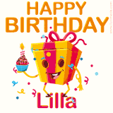 A vibrant and funny gift box character with a happy face dancing with a cupcake and the text 'Happy Birthday Lilla,' surrounded by animated confetti and party vibes.