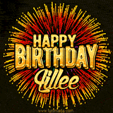 Golden 'Happy Birthday Lillee' text accompanied by animated rainbow fireworks for a festive animated greeting.