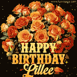 Animated bouquet of orange roses with moving butterfles and golden 'Happy Birthday Lillee' text, surrounded by sparkling accents and a dark backdrop for a luxurious feel.
