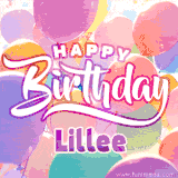 A vibrant name GIF featuring colorful balloons in shades of pink, orange, and yellow with the bold text 'Happy Birthday Lillee' in festive fonts, creating a lively birthday vibe.