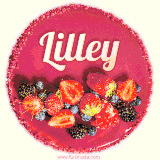 Beautifully decorated red velvet berry birthday cake with vibrant fruits and a glowing 'Lilley' name, adding a touch of sweetness and sparkle.
