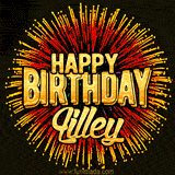 Golden 'Happy Birthday Lilley' text accompanied by animated rainbow fireworks for a festive animated greeting.