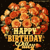 Animated bouquet of orange roses with moving butterfles and golden 'Happy Birthday Lilley' text, surrounded by sparkling accents and a dark backdrop for a luxurious feel.