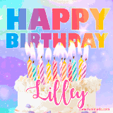 A vibrant animated name GIF with the words 'Happy Birthday Lilley' with colorful candles on a creamy cake. The background sparkles with pastel shades, adding a festive touch.