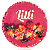 Beautifully decorated red velvet berry birthday cake with vibrant fruits and a glowing 'Lilli' name, adding a touch of sweetness and sparkle.