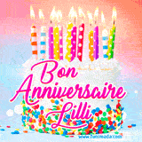 A white birthday cake covered in colorful sprinkles, topped with bright candles, and French text 'Bon Anniversaire Lilli' on a pastel gradient background in an animated GIF.