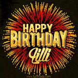 Golden 'Happy Birthday Lilli' text accompanied by animated rainbow fireworks for a festive animated greeting.