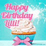 A festive cupcake with pink icing, a gingham bow, and a lit animated sparkler, paired with 'Happy Birthday Lilli!' in bright pink text.