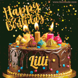 A delightful chocolate birthday cake with bright candles and 'Happy Birthday Lilli' written in gold amidst a shower of animated stars.