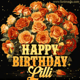 Animated bouquet of orange roses with moving butterfles and golden 'Happy Birthday Lilli' text, surrounded by sparkling accents and a dark backdrop for a luxurious feel.