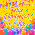 A bright and festive GIF with the text 'Feliz Cumpleaños Lillia' in Spanish in colorful fonts, surrounded by confetti, balloons, and festive banners on a vibrant yellow background.