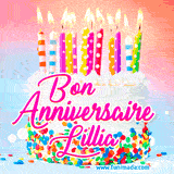 A white birthday cake covered in colorful sprinkles, topped with bright candles, and French text 'Bon Anniversaire Lillia' on a pastel gradient background in an animated GIF.