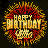 Golden 'Happy Birthday Lillia' text accompanied by animated rainbow fireworks for a festive animated greeting.