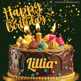 A delightful chocolate birthday cake with bright candles and 'Happy Birthday Lillia' written in gold amidst a shower of animated stars.