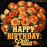 Animated bouquet of orange roses with moving butterfles and golden 'Happy Birthday Lillia' text, surrounded by sparkling accents and a dark backdrop for a luxurious feel.